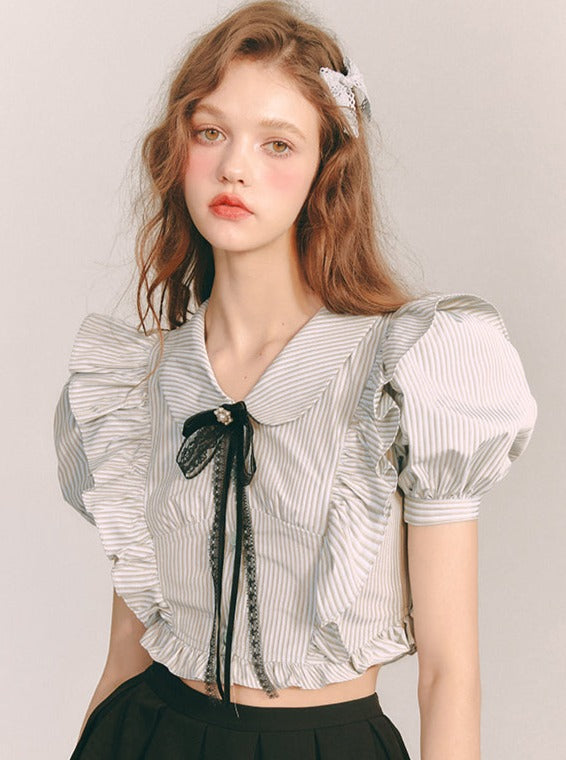 Striped frill lace ribbon shirt