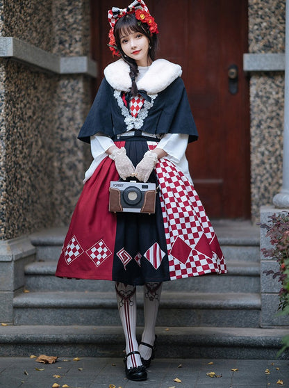 China jumper skirt + trumpet blouse + cape + fur scarf + tassel accessories