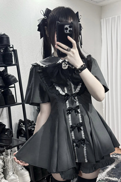 【3月1日予約締切】グレーブラックジュエルリボンフリルドレス＋ロングスリーブ＋ショートパンツフルセット