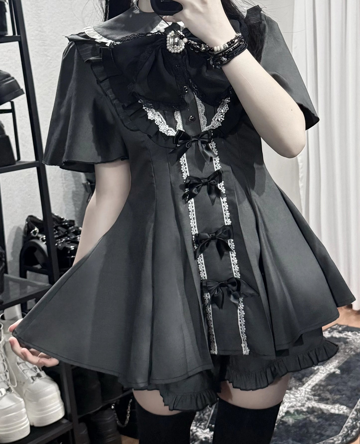 【3月1日予約締切】グレーブラックジュエルリボンフリルドレス＋ロングスリーブ＋ショートパンツフルセット