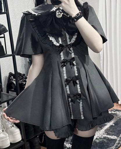 【3月1日予約締切】グレーブラックジュエルリボンフリルドレス＋ロングスリーブ＋ショートパンツフルセット