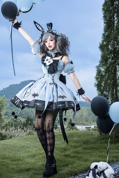 [Reservierungsschluss 10. Juli] Blau-schwarzes Alice-Gothic-Lolita-Komplettset mit Hasenohren-Haarreif und Kleid