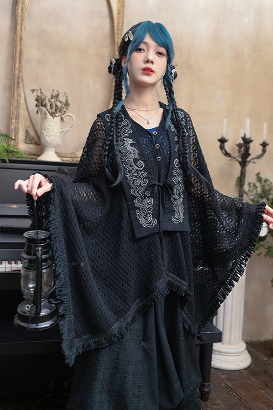 モードチャイナデザインメッシュケープカーディガン