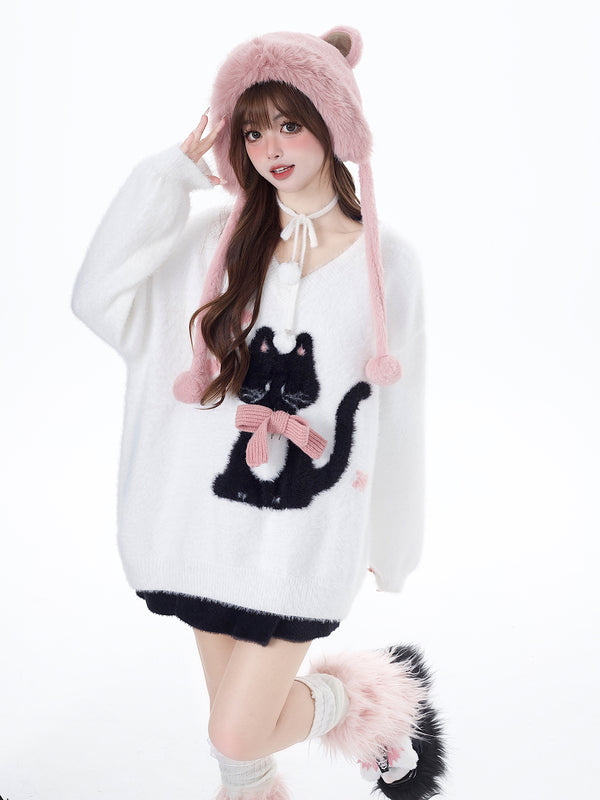 Crazy Girl Cat Bow V-Neck Over Knit