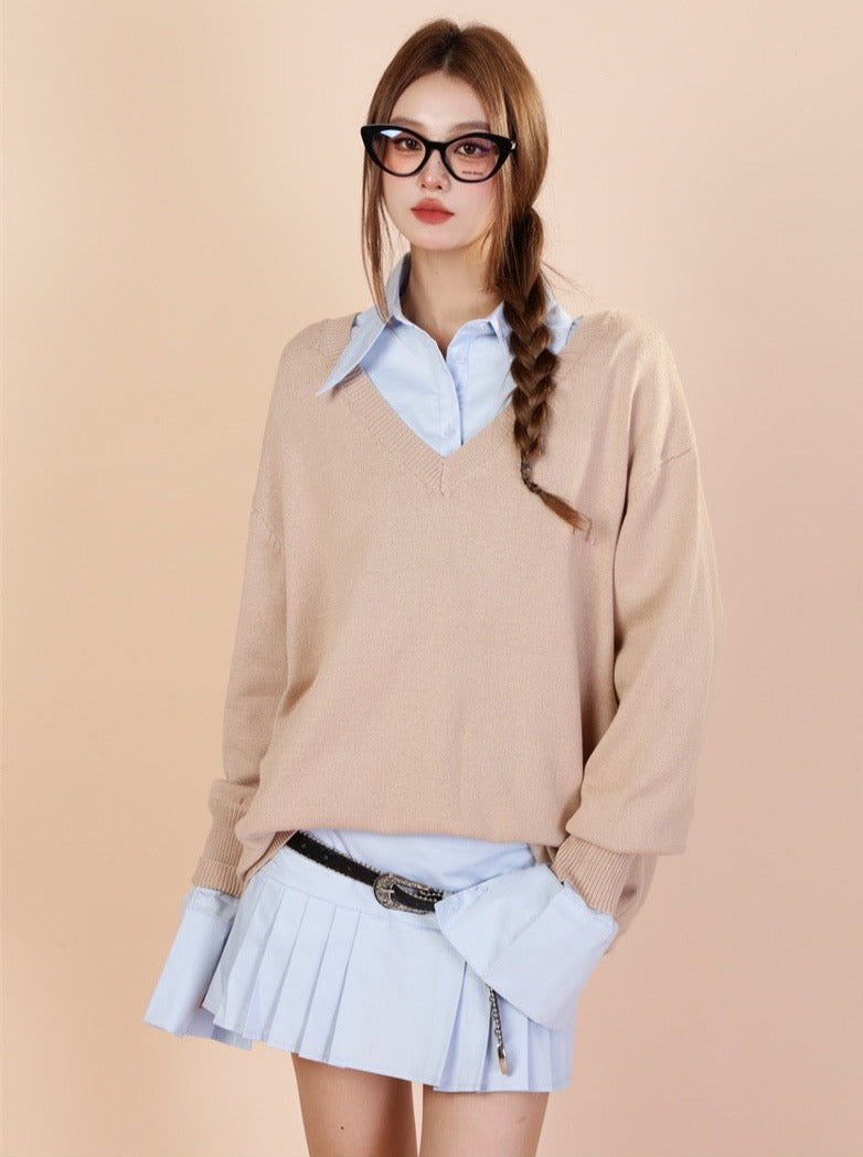 Chemise rétro style collège + jupe plissée + pull