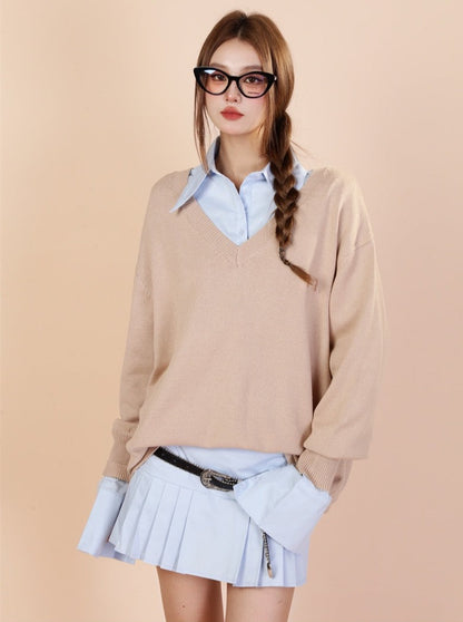 Chemise rétro style collège + jupe plissée + pull