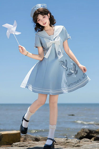 【10月1日予約締切】Blue/White Sailor Collar Bird Embroidery Lolita Bow Dress