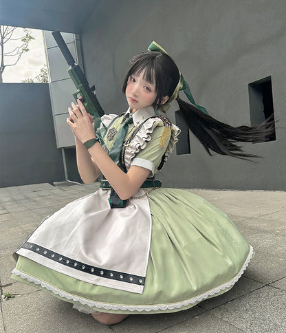 Schwarz-grünes Militär-Maid-Lolita-Kleid Komplettset