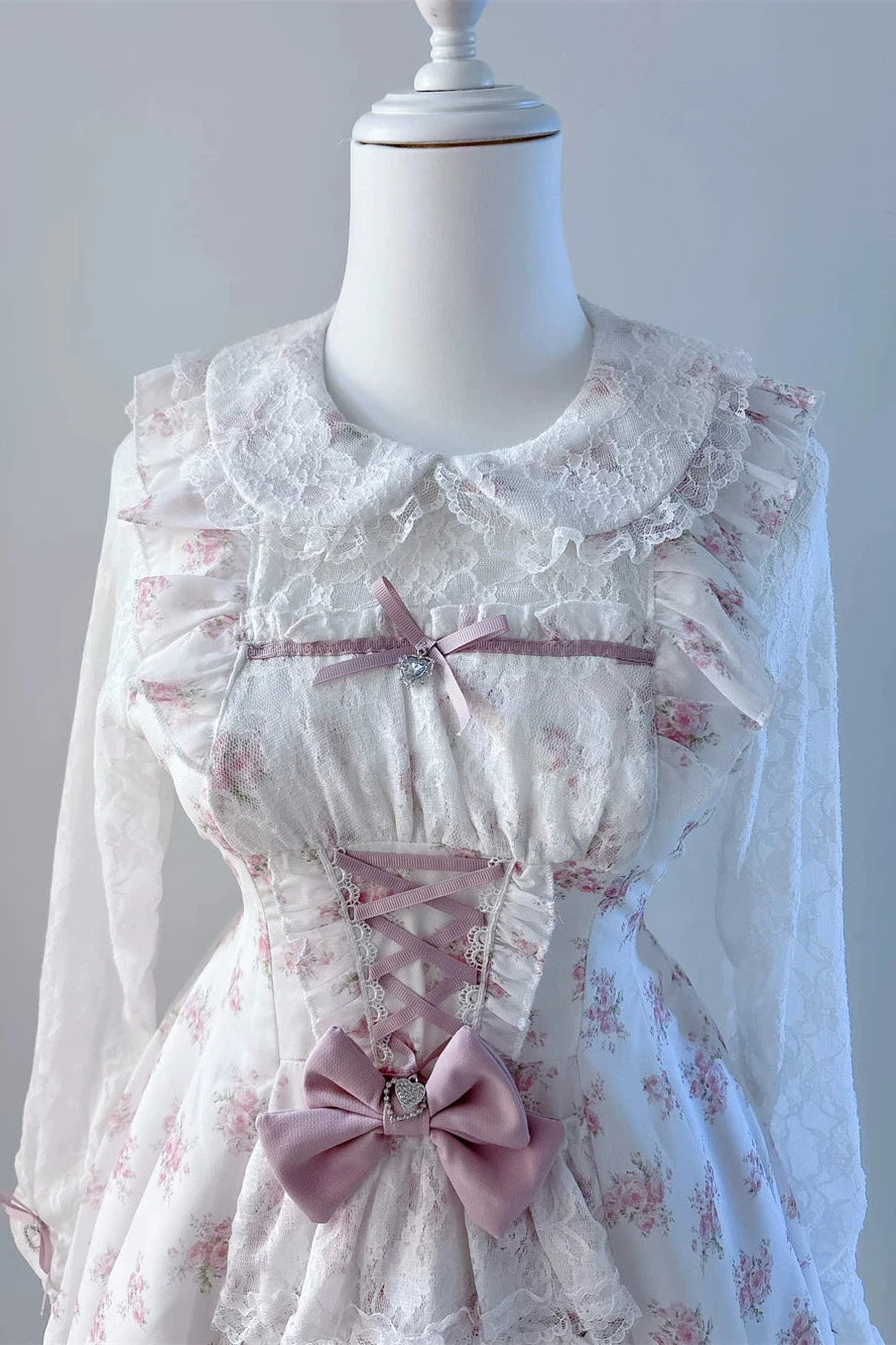 【10月28日予約締切】Pink/White/Black/White 4-Piece Set: Floral Tiered Lace Long-Sleeve Dress + Shorts + Pair of Ribbon Hair Clips + Bow Tie