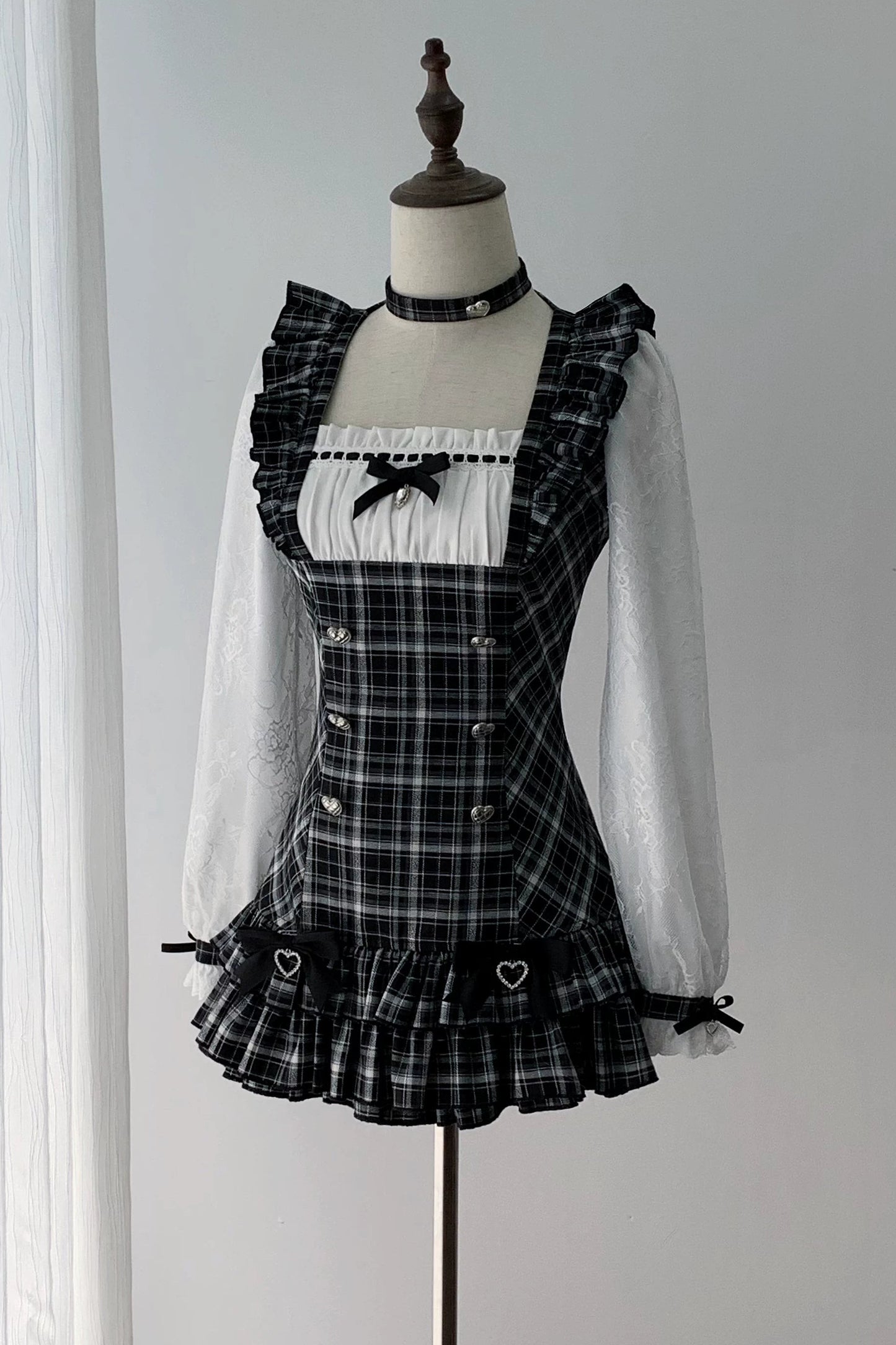 [Pre-order Deadline: September 15] Black Check Frill Ribbon Long-Sleeve Mini Dress Set-Up + Choker