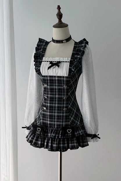 [Pre-order Deadline: September 15] Black Check Frill Ribbon Long-Sleeve Mini Dress Set-Up + Choker