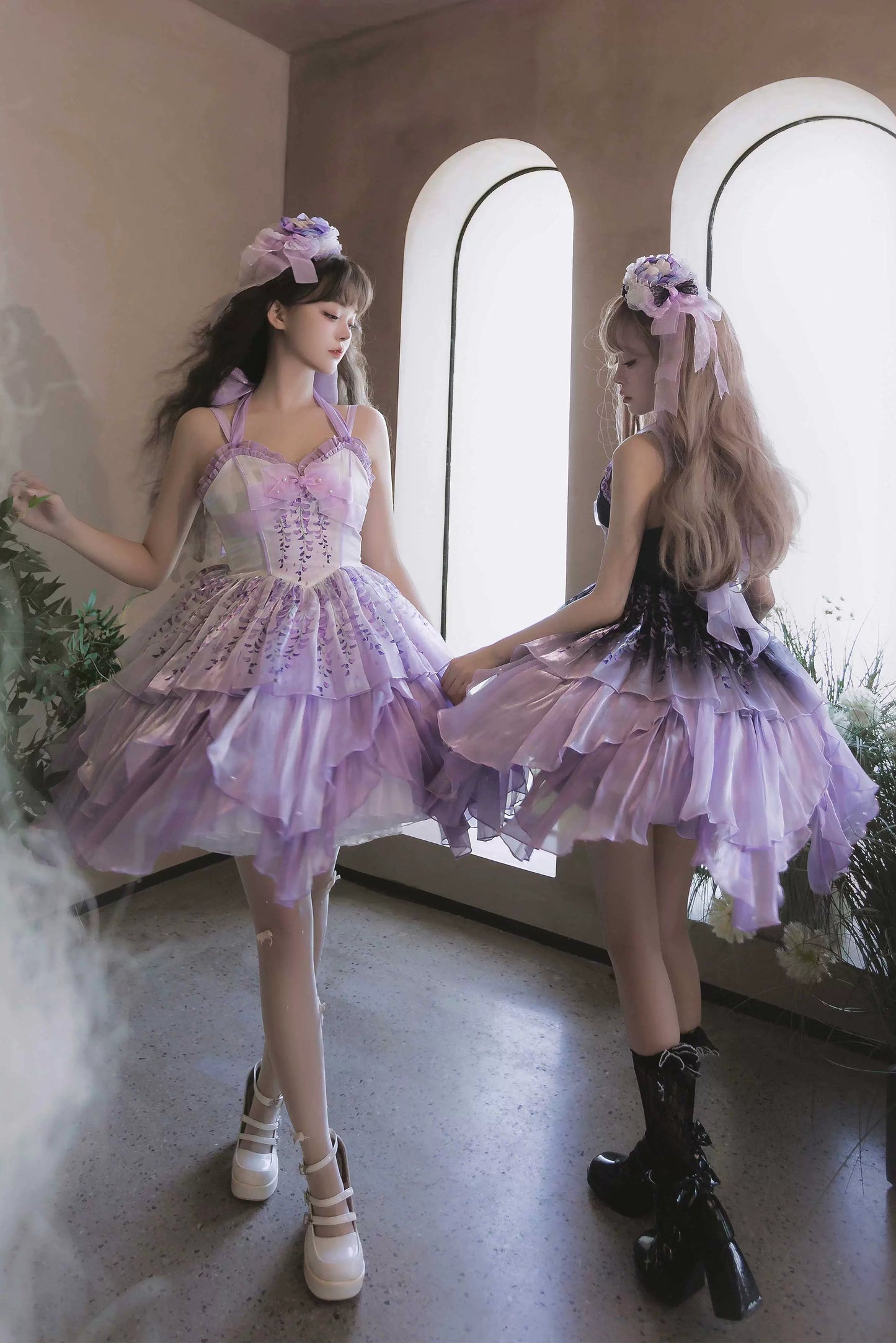 [Pre-order Deadline: June 18] Wisteria Purple Gradient Fairy Lolita Bow Layered JSK Dress + Full Set (Dress + Flower Hat)