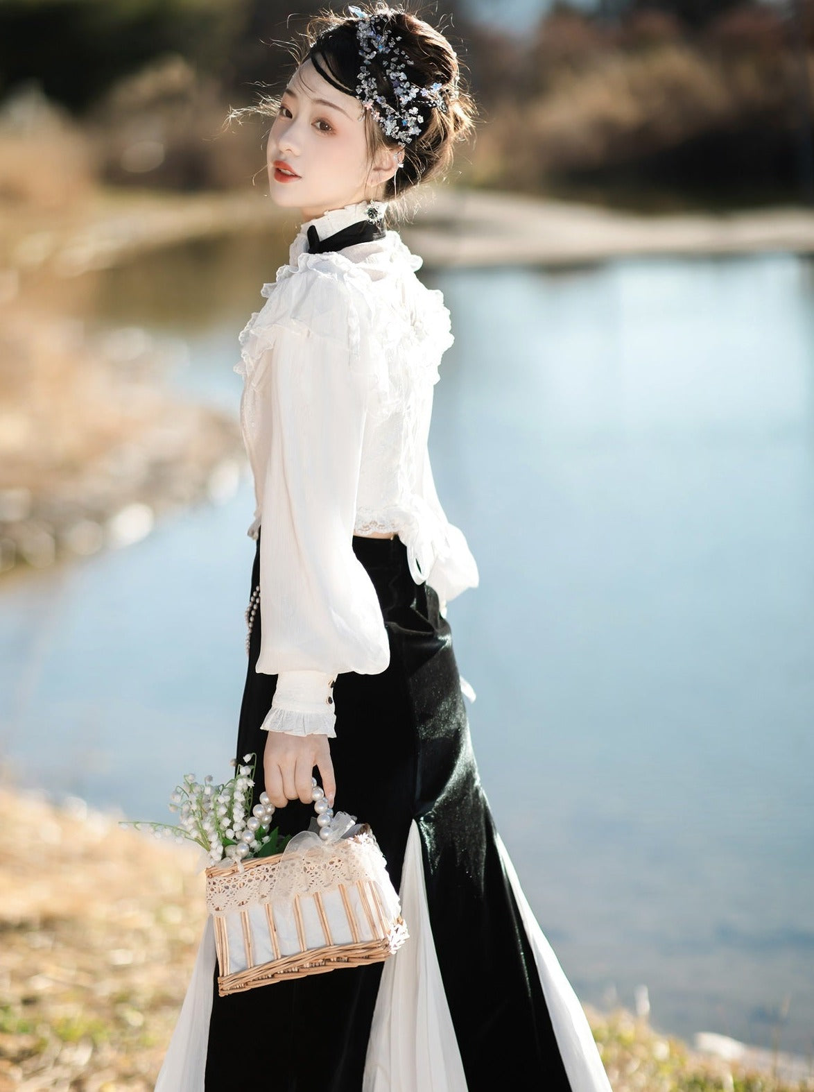 Ruffle high neck blouse + velvet pleated long skirt