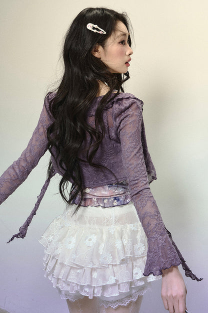 Dark purple lace cardigan + retro design tube top