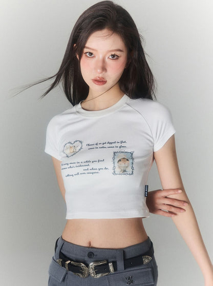 バニースリムコットンホワイトプリントTシャツ