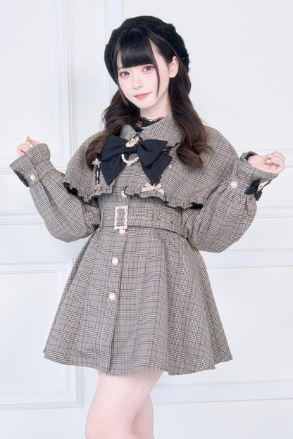 【予約商品】チェックアンドブラックケープショートトレンチクラウンリボンコート
