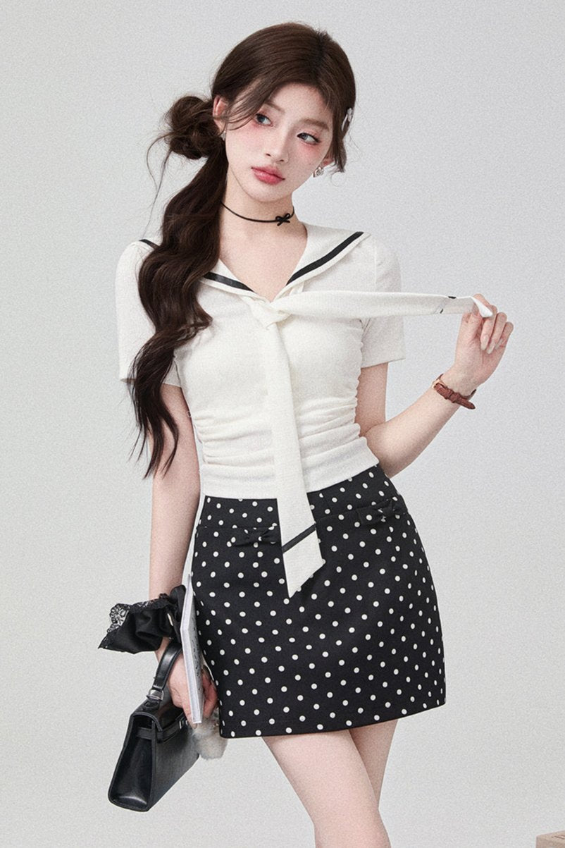 Sailor Kara Sweet Bow Knit Top + Black Skirt