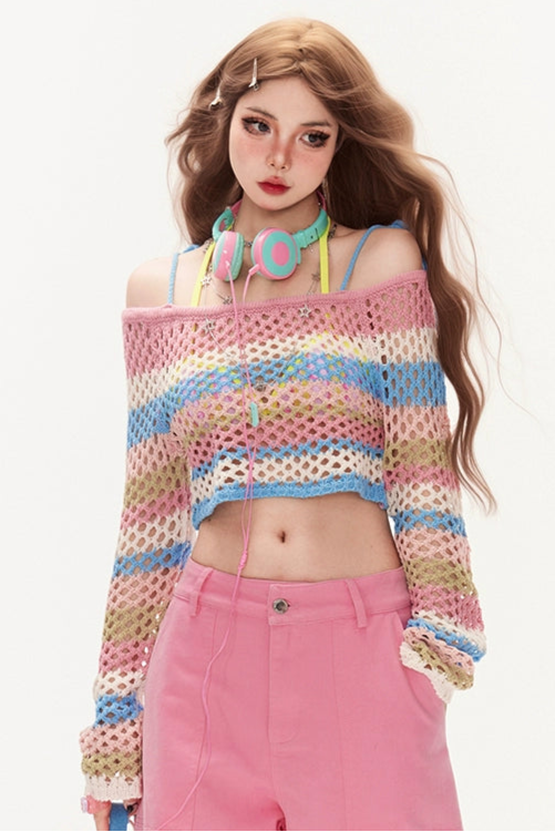 ピーチボーダーオフショルダーニット