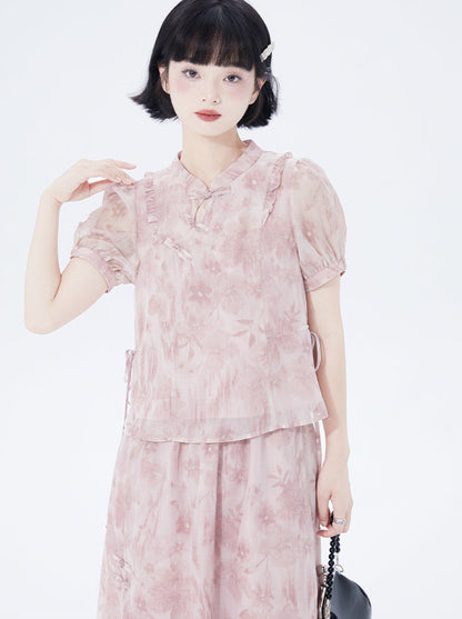 China Puff Sleeve Flower Print Top & Skirt Two Piece Set