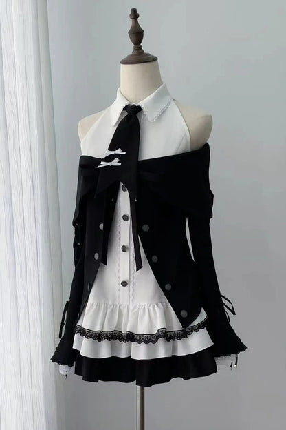[Pre-order Deadline: October 15] Black Bow Off-Shoulder Lace Flare-Sleeve Jacket + Black and White Lace-Trim Bow Halter Dress with Tie