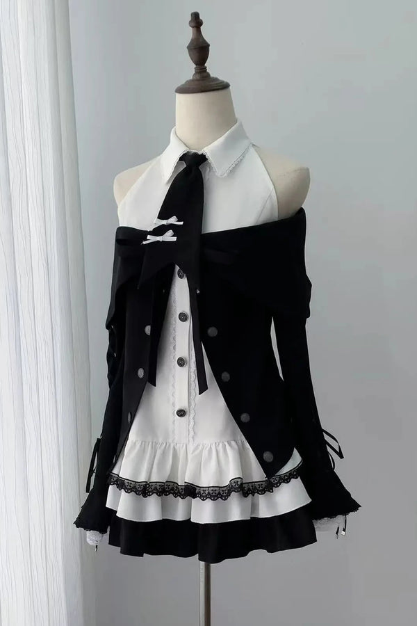 [Pre-order Deadline: October 15] Black Bow Off-Shoulder Lace Flare-Sleeve Jacket + Black and White Lace-Trim Bow Halter Dress with Tie