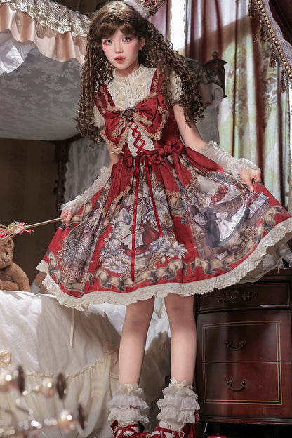 [Date limite de précommande : 7 août] Ensemble complet robe JKS vintage rouge à imprimé lapin histoire avec ruban antique + chemise à volants + manchettes lacées