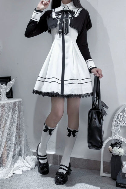 【9月15日予約締切】Black And White Cross Ribbon Frill Lace Academy Dress＋Gothic Chain Cropped Bolero Jacket