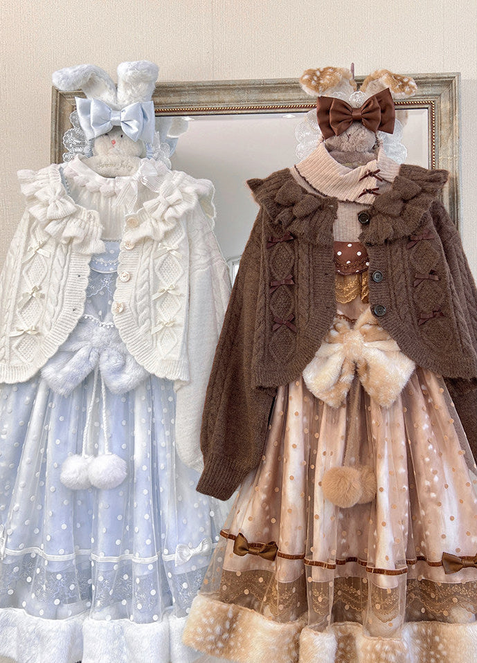 Ruffle Ribbon Lantern Sleeve Knit Cardigan