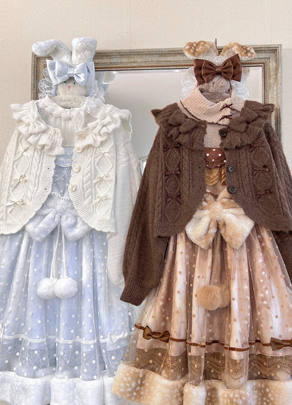 Ruffle Ribbon Lantern Sleeve Knit Cardigan