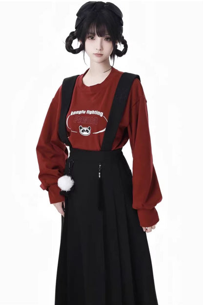 Pinsafik [Tachikawa] red and black temperament New Year's suspender skirt wool collar jacket looks thin New Year's Eve 