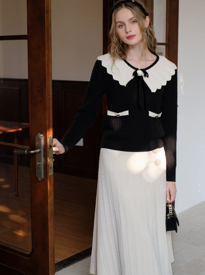 French Color Block Wave Lapel Ribbon Retro Sweater Cardigan