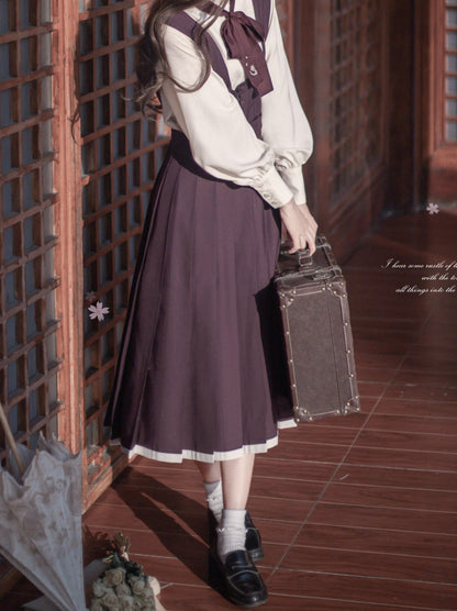 Retro Japanese sleeve knit cardigan + ruffle stand collar shirt + vest dress + ribbon + corsage