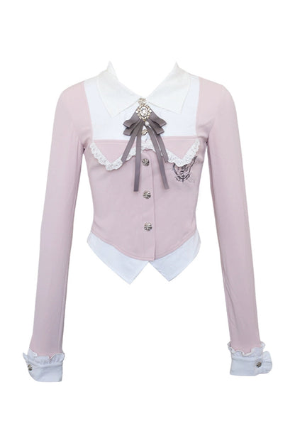 Sweet Sakura College Pink Faux Two Piece Shirt + Gray Pleated Skirt