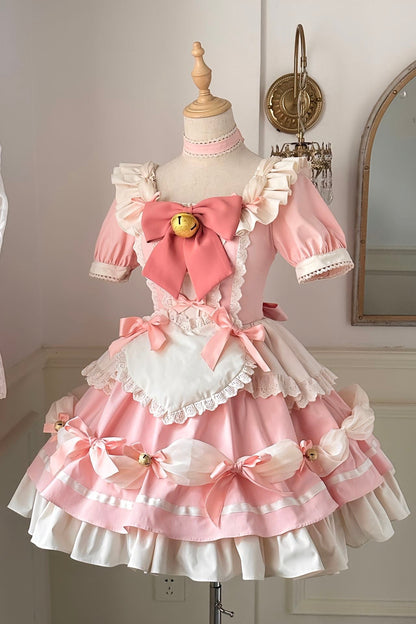 [Reservation product] White Pink White Blue Big Bell Ribbon Girly Sweet Maid Dress