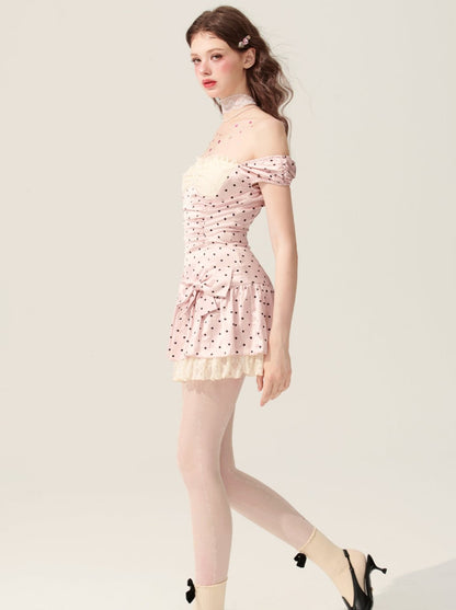 [En vente le 31 mai à 20 heures] less eye pink mist pinch white pink slip dress women's summer short skirt polka dots