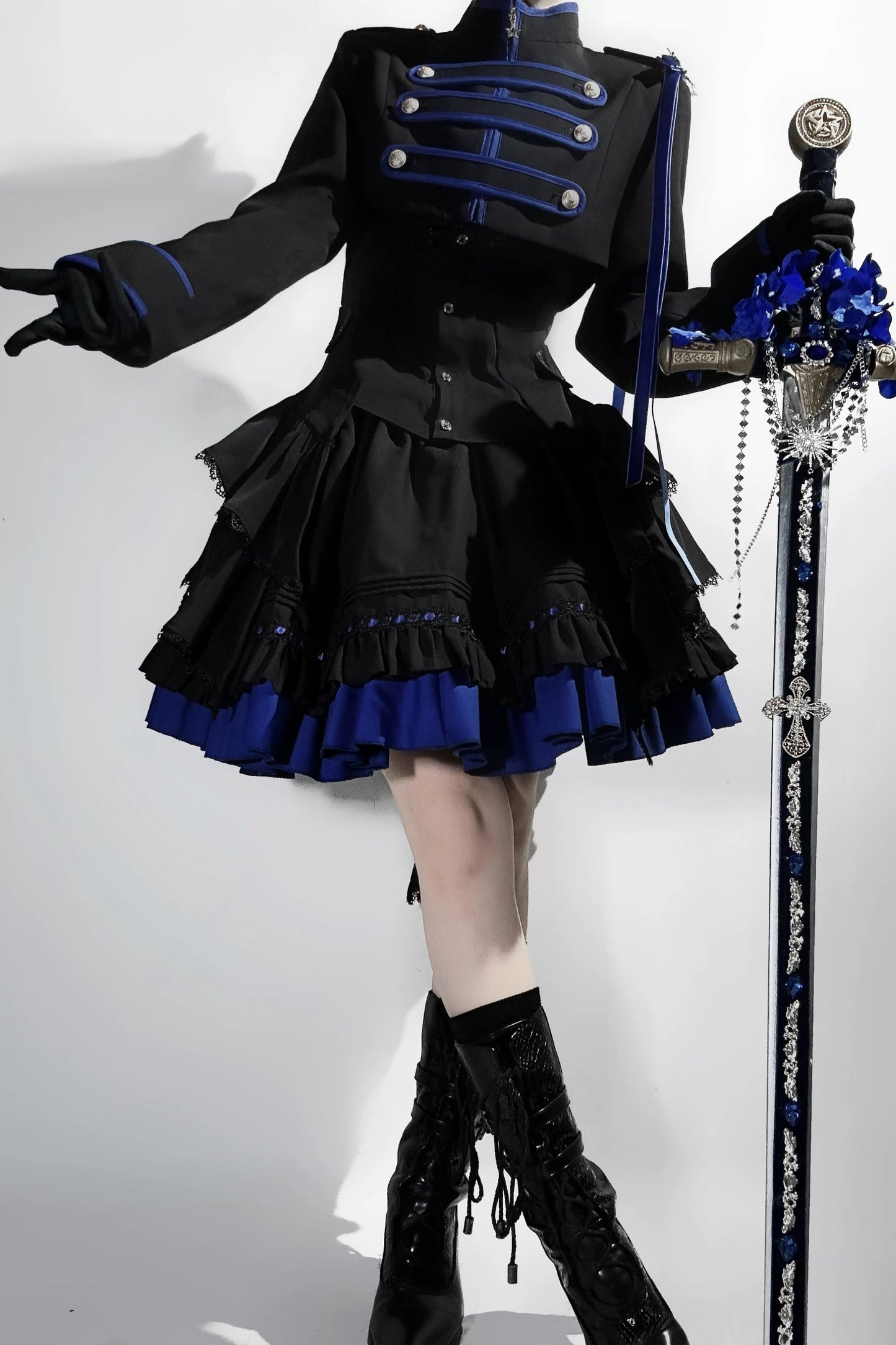 【9月13日予約締切】Black Blue Military Ruffle Lolita Jacket (with epaulet bow) + Shirt + Short Skirt Set / Shorts Set + Complete set 1/2 (Officer cap + Leg covers + Sash)