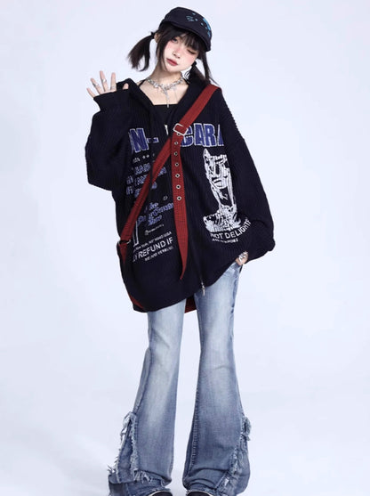 American Retro Letter Print Oversized Hoodie Zip Knit Cardigan