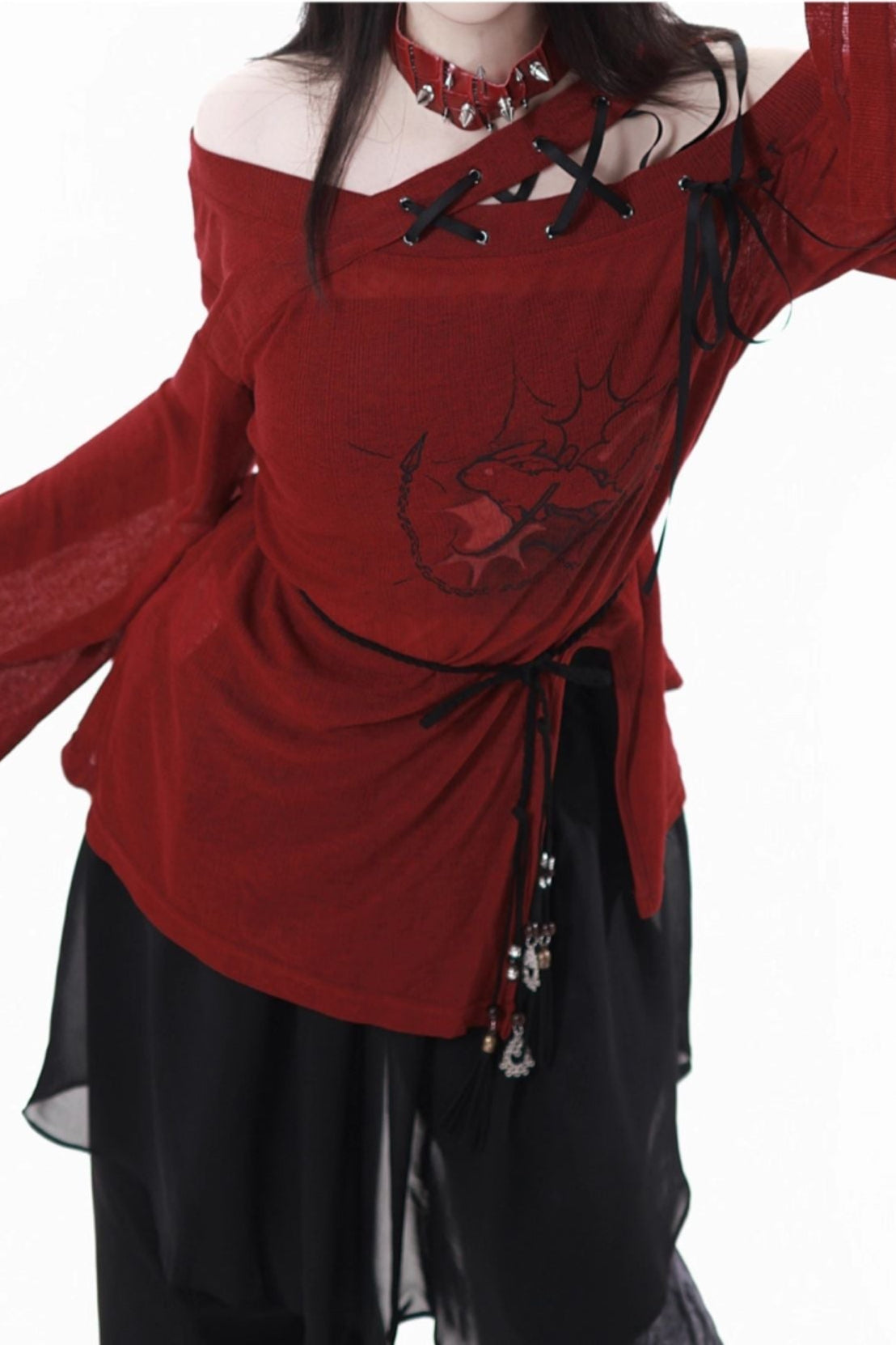 Splice mode red top + mode pants + rose belt