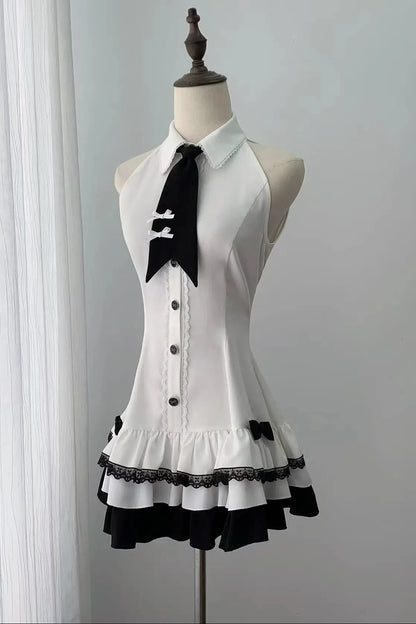 [Pre-order Deadline: October 15] Black Bow Off-Shoulder Lace Flare-Sleeve Jacket + Black and White Lace-Trim Bow Halter Dress with Tie