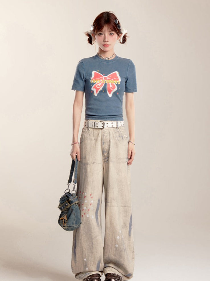 Art Design Wide Leg Denim Pants