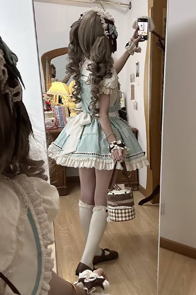 【Pre-order item】Chocolate Mint Sailor Collar Girly Maid Dress + Cake Hat