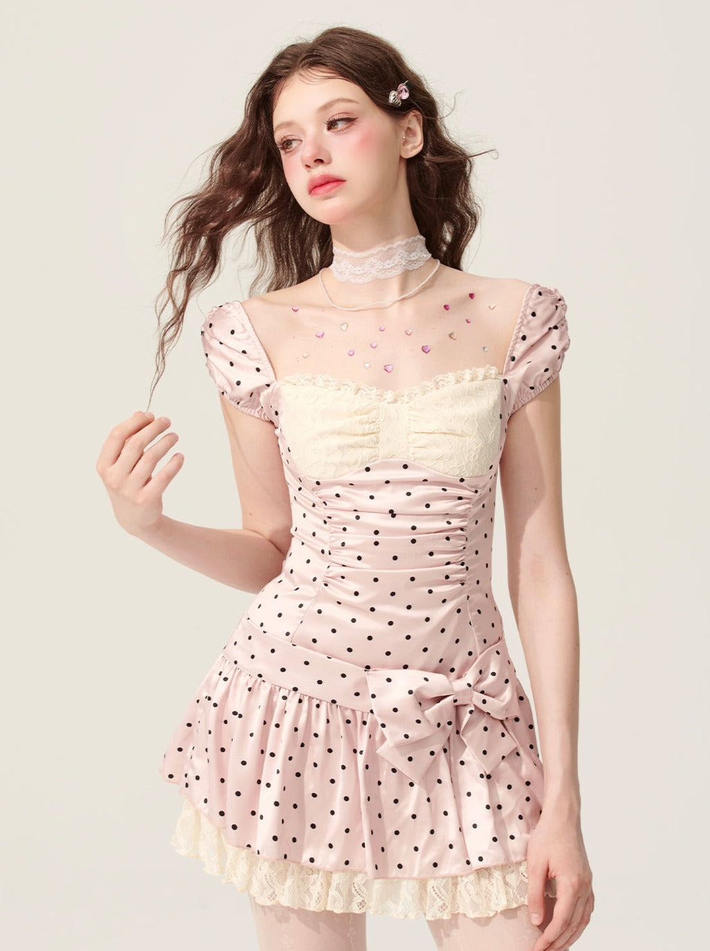 [5월 31일 20시 판매] 덜 눈 핑크 미스트 핀치 화이트 핑크 슬립 드레스 여성 여름 짧은 스커트 물방울무늬