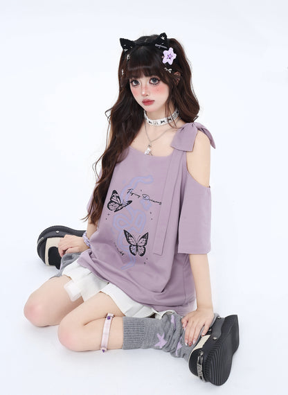 Butterfly Ribbon Shoulder Loose Top