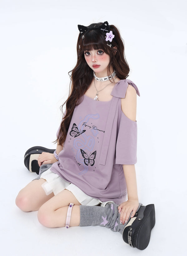 バタフライリボンショルダールーズトップス