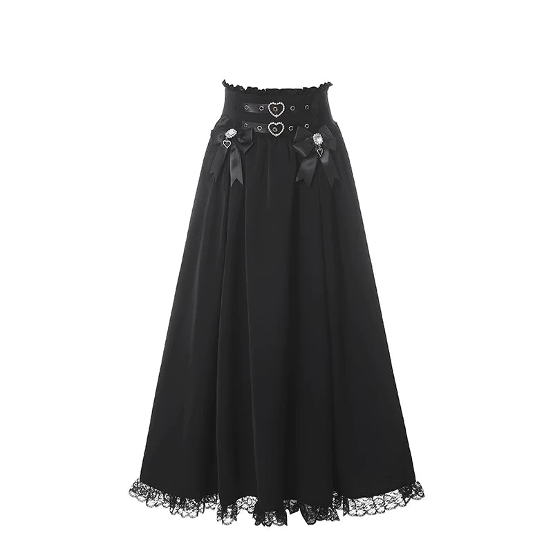 Elegant Lace Dark Kawaii Blouse + Heart Ring Long Skirt