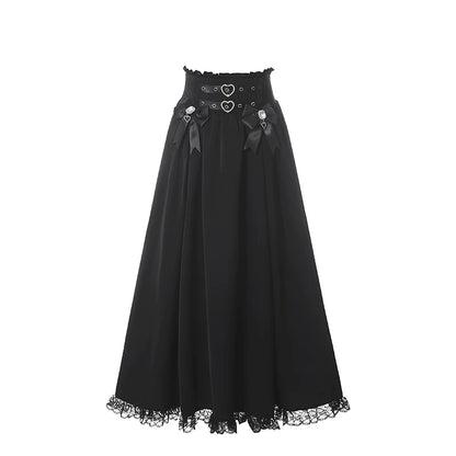Elegant Lace Dark Kawaii Blouse + Heart Ring Long Skirt