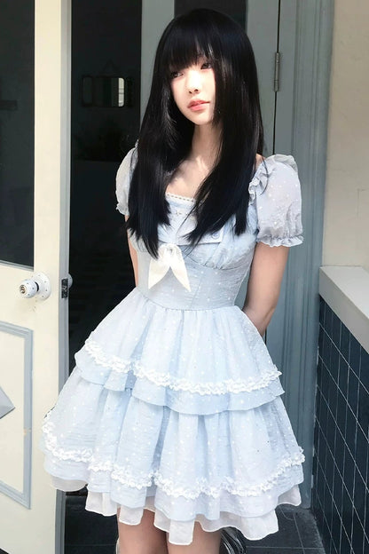아이스 스위트 퍼프 시스루 레이스 원피스