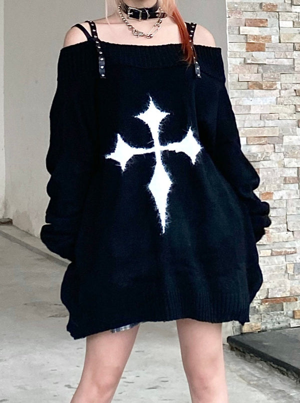 Punk Cross One Shoulder Knit Sweater