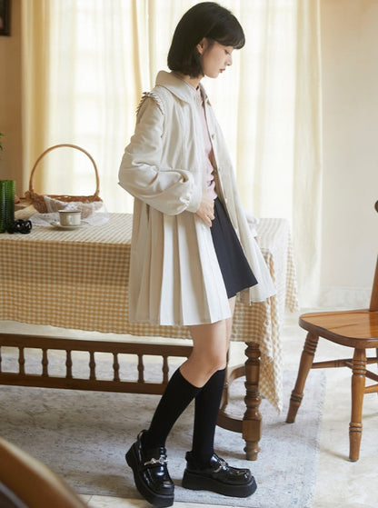 Retro Window Back Ribbon Pleated Coat