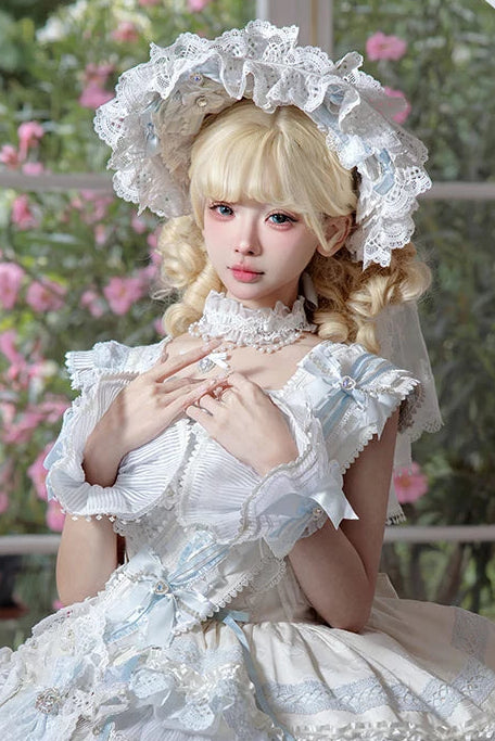 [Scadenza prenotazione 1 agosto] Accessori della serie floreale sweet lolita blu x bianco (bonnet + velo cerchietto per capelli + velo nastro a fusciacca polsini da polso fiocco posteriore accessorio a cerchio floreale)